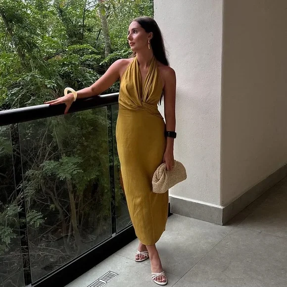 knee length dresses for ladies Early 00s Zara Woman Linen Button Down Maxi Beige Dress - Linen - Summer  dress main image 1